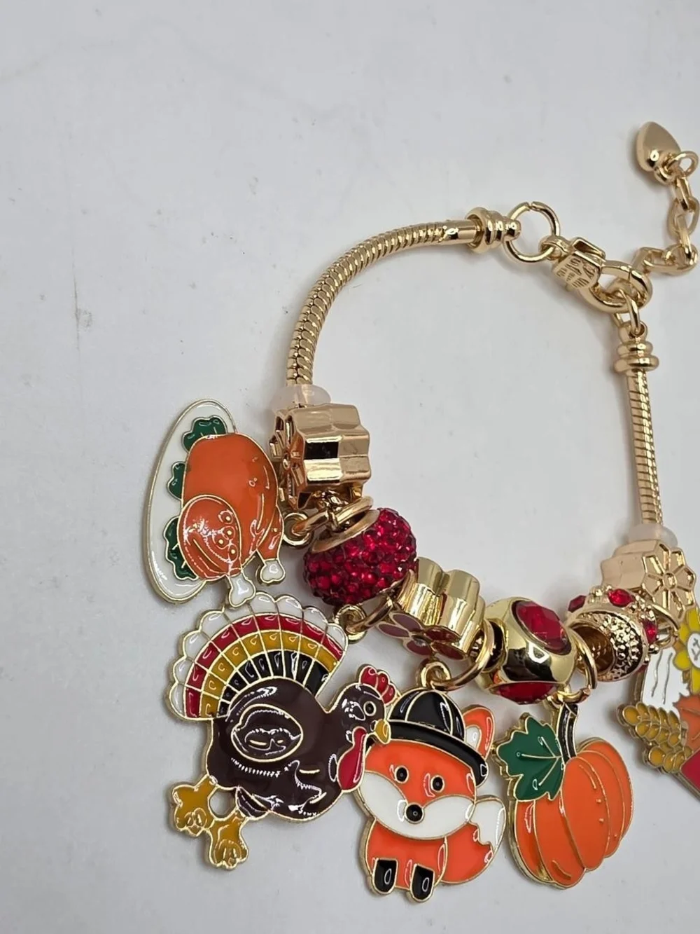 Gold-Tone Thanksgiving Charm Bracelet - Orange Pumpkin & Fox